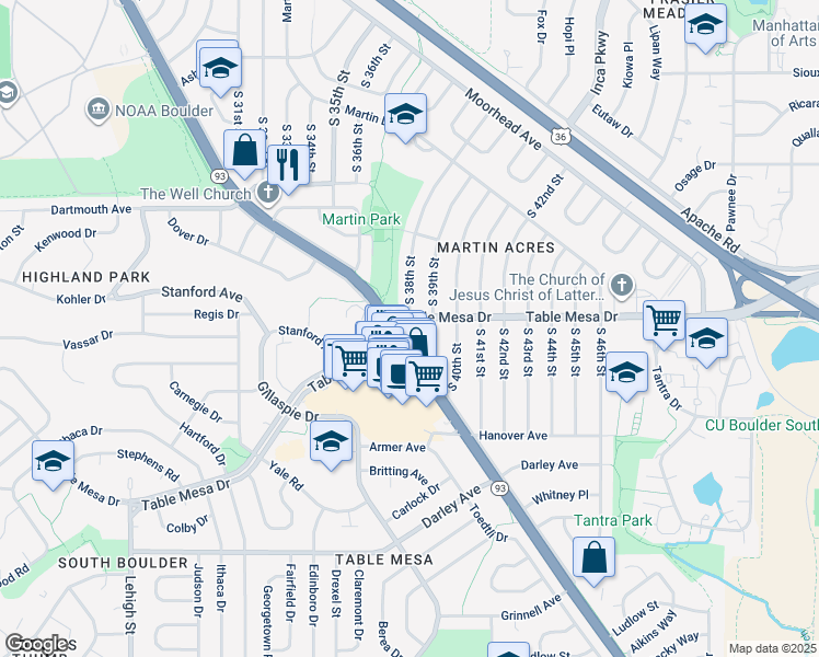 map of restaurants, bars, coffee shops, grocery stores, and more near 600 South Broadway in Boulder