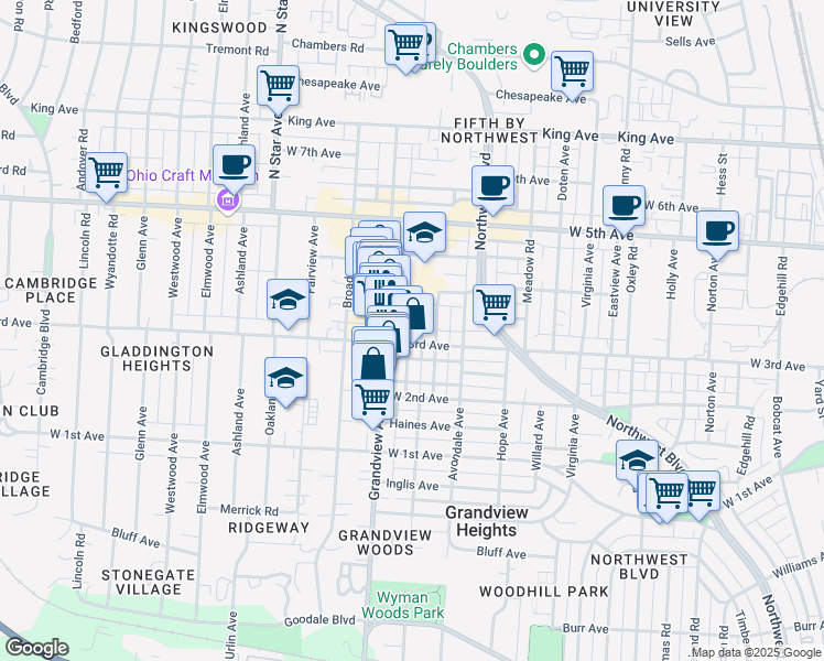 map of restaurants, bars, coffee shops, grocery stores, and more near 1354 Hollywood Place in Columbus
