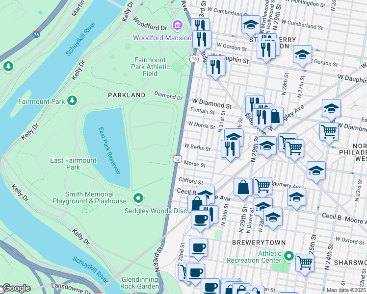 map of restaurants, bars, coffee shops, grocery stores, and more near 1847 North 33rd Street in Philadelphia