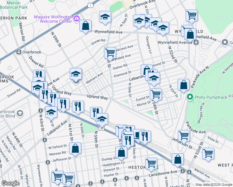 map of restaurants, bars, coffee shops, grocery stores, and more near 5666 Arlington Street in Philadelphia