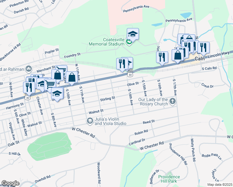 map of restaurants, bars, coffee shops, grocery stores, and more near 47 South 13th Avenue in Coatesville