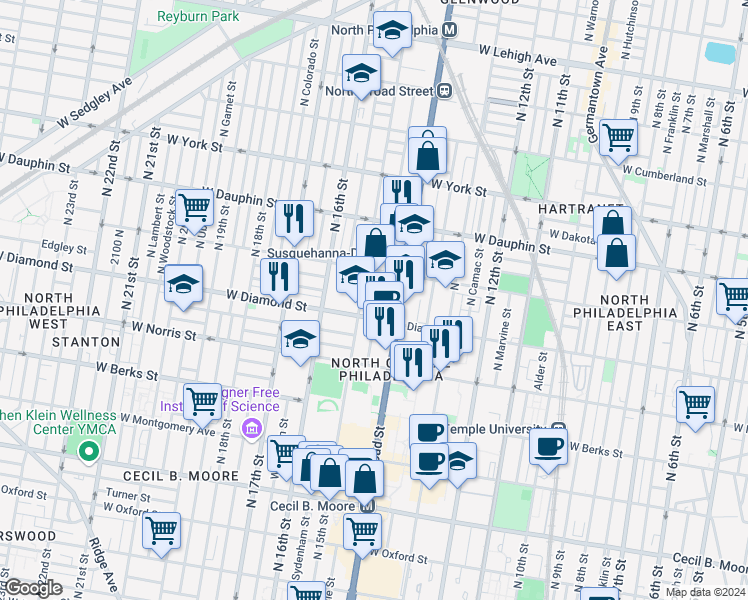 map of restaurants, bars, coffee shops, grocery stores, and more near 2124 North Carlisle Street in Philadelphia