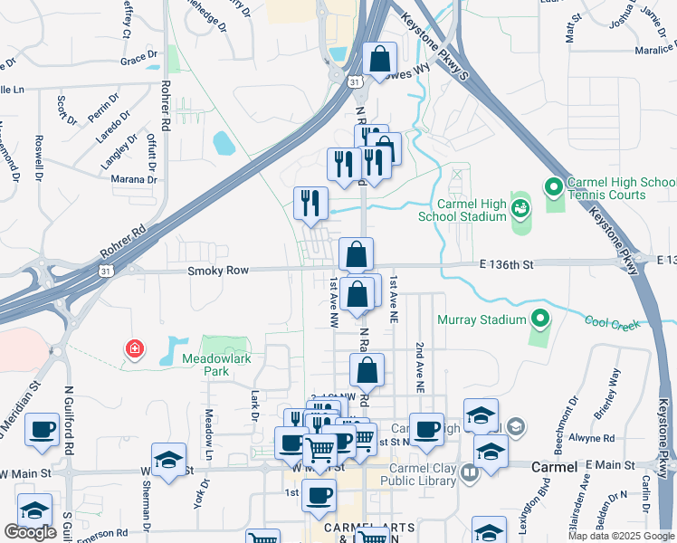 map of restaurants, bars, coffee shops, grocery stores, and more near 781 1st Avenue Northwest in Carmel