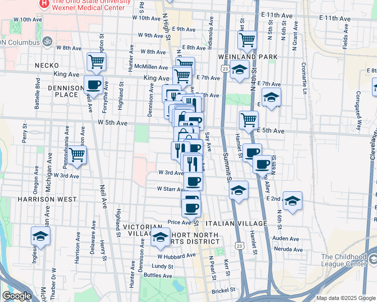 map of restaurants, bars, coffee shops, grocery stores, and more near 1139 North High Street in Columbus