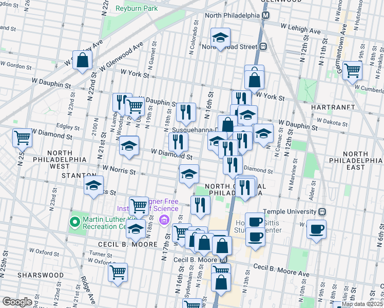 map of restaurants, bars, coffee shops, grocery stores, and more near 1619 West Diamond street in Philadelphia