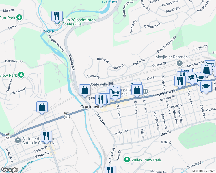 map of restaurants, bars, coffee shops, grocery stores, and more near 246 Fleetwood Street in Coatesville
