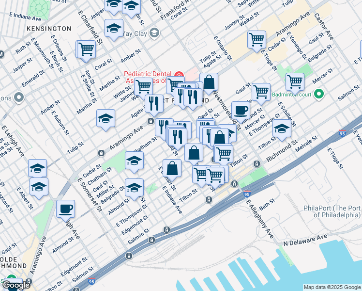 map of restaurants, bars, coffee shops, grocery stores, and more near 3124 Belgrade Street in Philadelphia