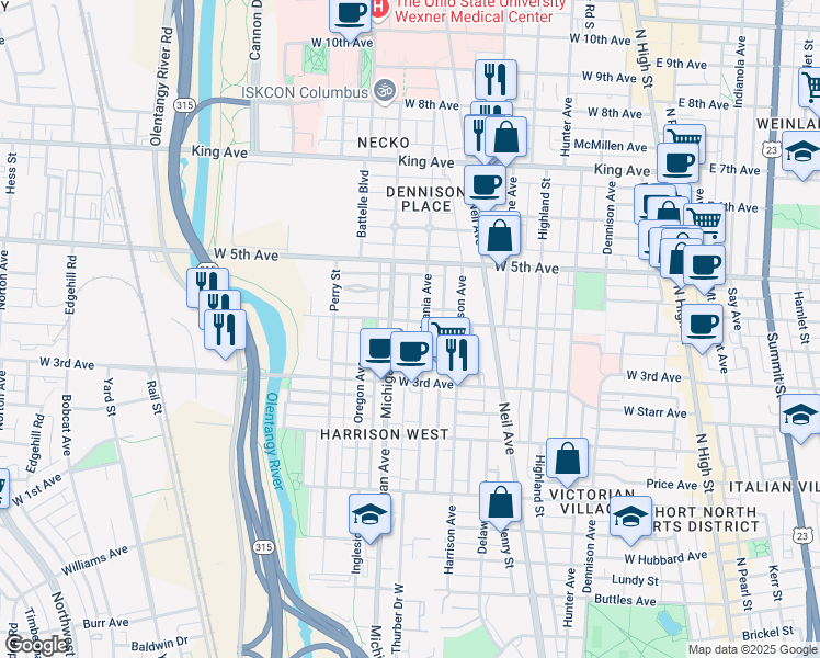 map of restaurants, bars, coffee shops, grocery stores, and more near 391 W 4th Ave in Columbus