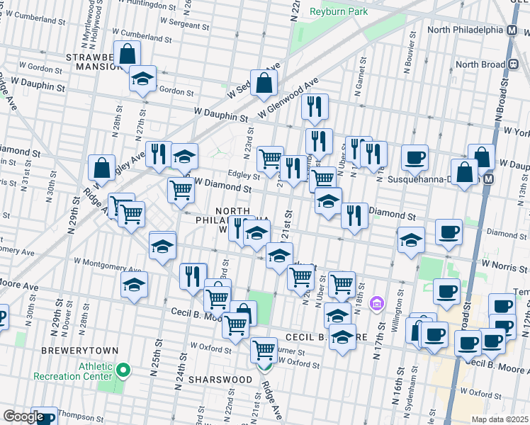 map of restaurants, bars, coffee shops, grocery stores, and more near 2015 North 22nd Street in Philadelphia