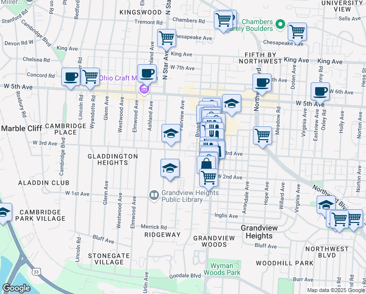 map of restaurants, bars, coffee shops, grocery stores, and more near 1558 West 3rd Avenue in Columbus