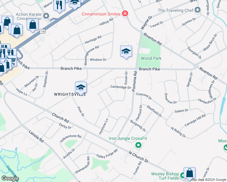 map of restaurants, bars, coffee shops, grocery stores, and more near 115 Cambridge Court in Cinnaminson
