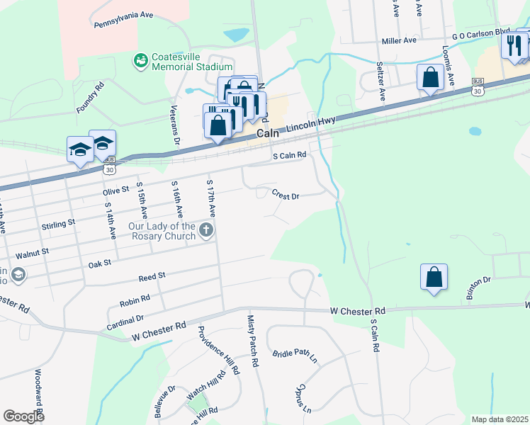 map of restaurants, bars, coffee shops, grocery stores, and more near 358 Andrew Road in Coatesville