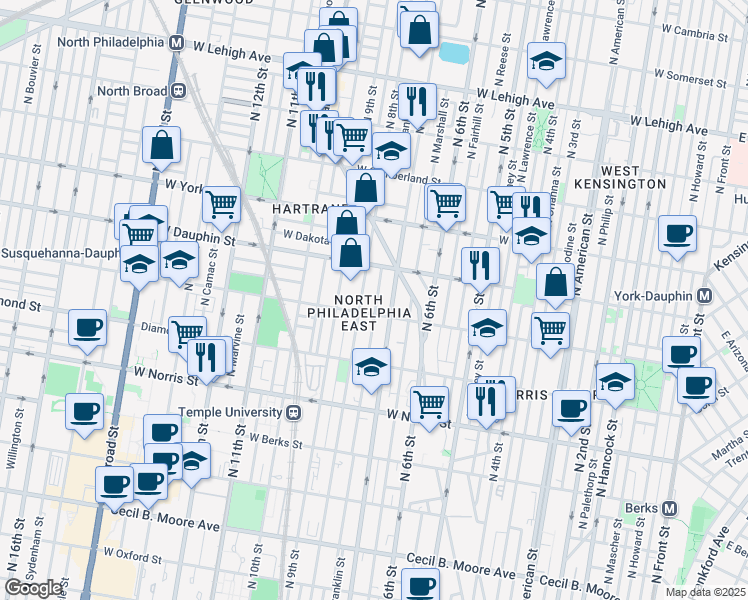 map of restaurants, bars, coffee shops, grocery stores, and more near 2224 North 7th Street in Philadelphia