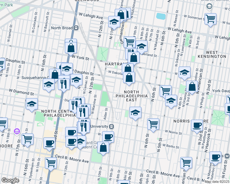 map of restaurants, bars, coffee shops, grocery stores, and more near 2201 North 10th Street in Philadelphia