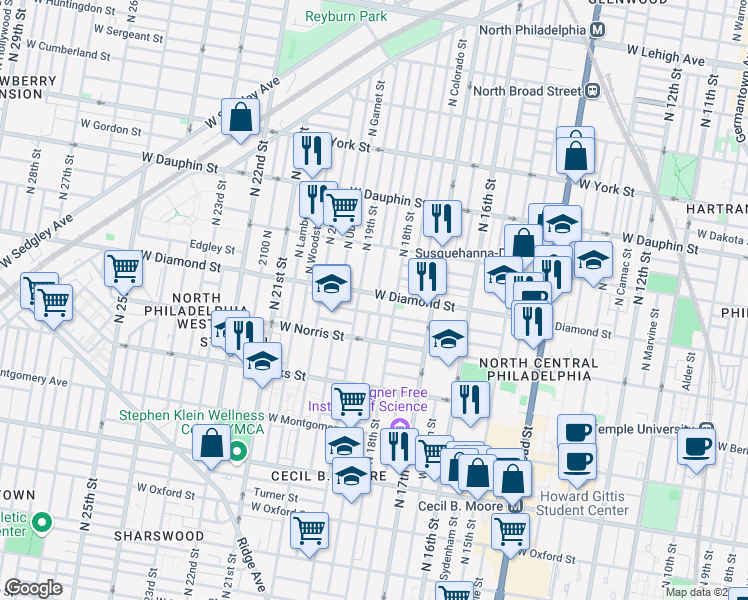 map of restaurants, bars, coffee shops, grocery stores, and more near 1822 Diamond Street in Philadelphia