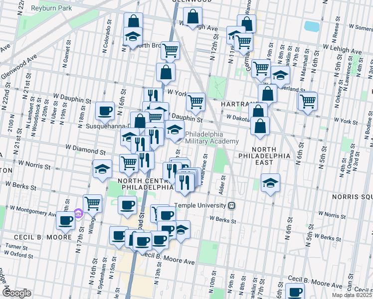 map of restaurants, bars, coffee shops, grocery stores, and more near in Philadelphia