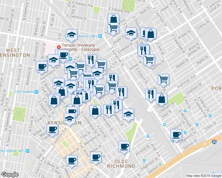 map of restaurants, bars, coffee shops, grocery stores, and more near 2122 East Lehigh Avenue in Philadelphia