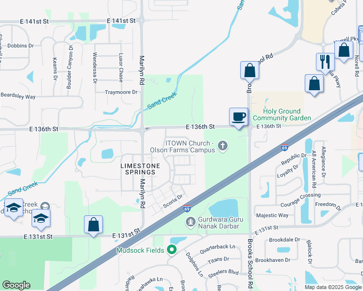 map of restaurants, bars, coffee shops, grocery stores, and more near 12188 Black Hills Drive in Fishers