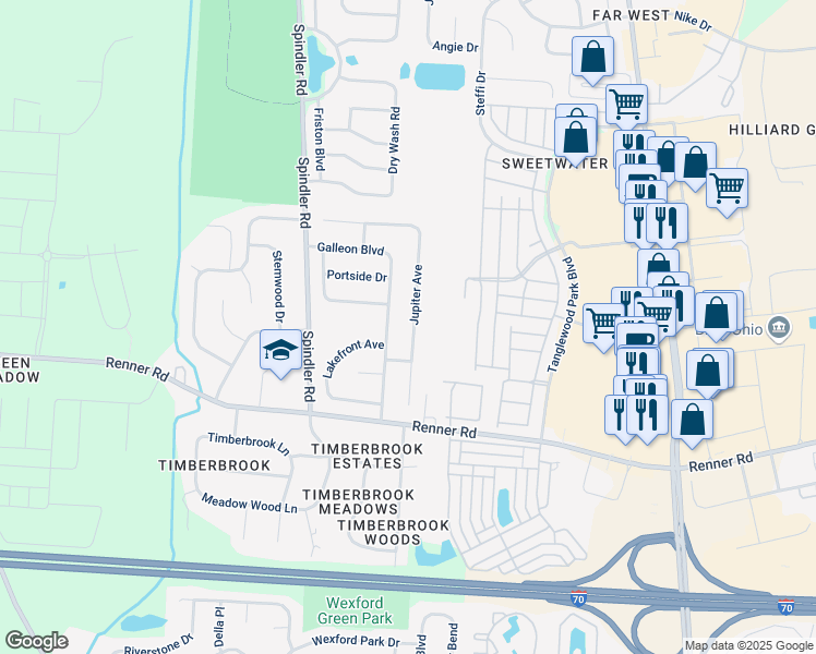map of restaurants, bars, coffee shops, grocery stores, and more near 1673 Jupiter Avenue in Hilliard