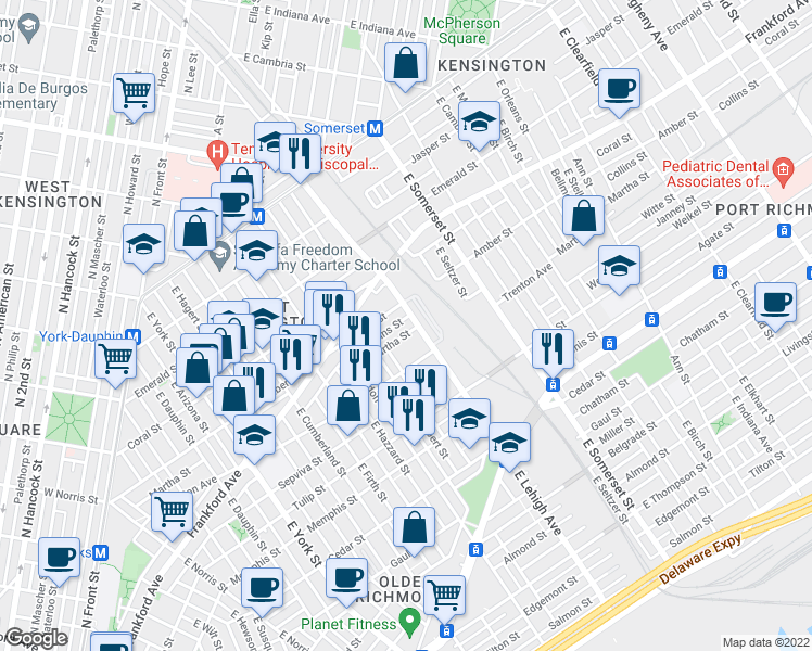 map of restaurants, bars, coffee shops, grocery stores, and more near 2122 East Lehigh Avenue in Philadelphia