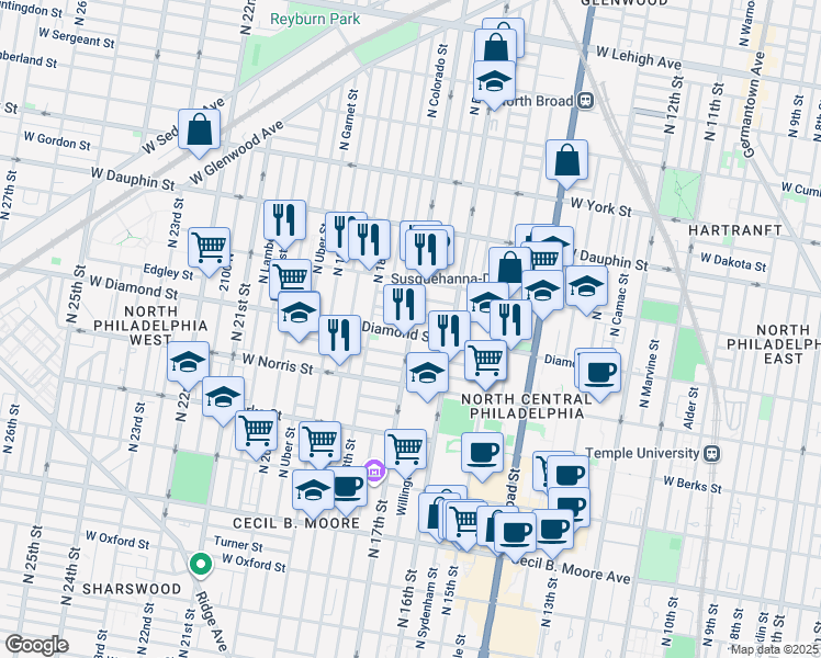 map of restaurants, bars, coffee shops, grocery stores, and more near 1703 West Diamond street in Philadelphia
