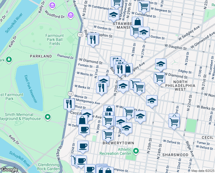 map of restaurants, bars, coffee shops, grocery stores, and more near 1922 North Myrtlewood Street in Philadelphia