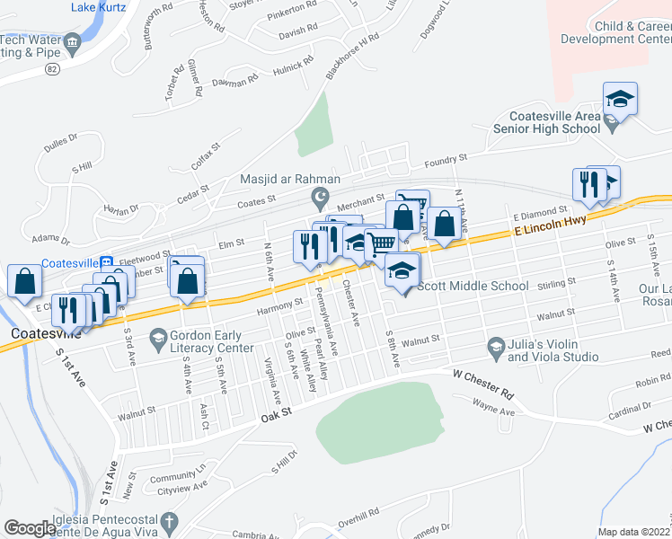 map of restaurants, bars, coffee shops, grocery stores, and more near 719 U.S. 30 Business in Coatesville