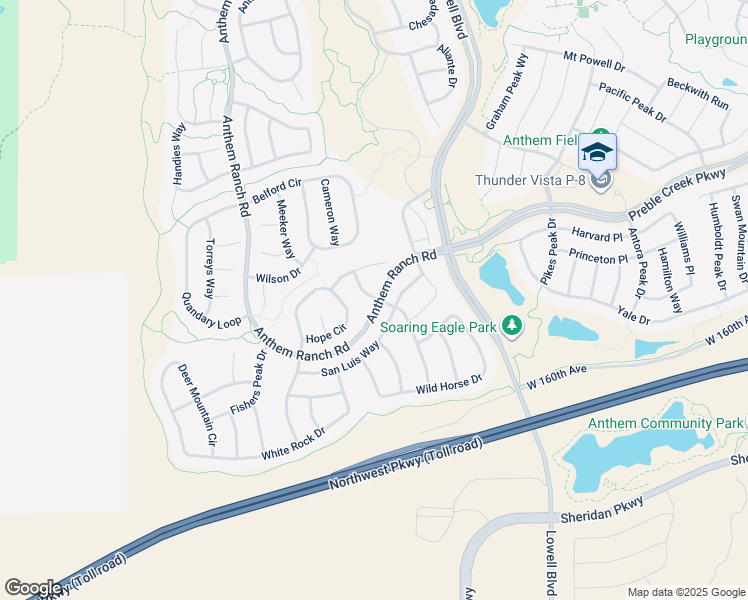 map of restaurants, bars, coffee shops, grocery stores, and more near 15700 Anthem Ranch Road in Broomfield