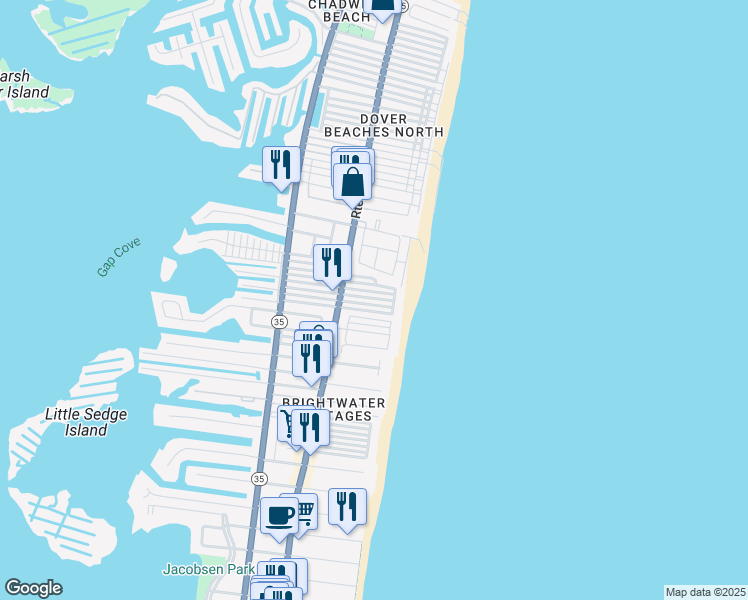 map of restaurants, bars, coffee shops, grocery stores, and more near 17 East Bayberry Way in Lavallette