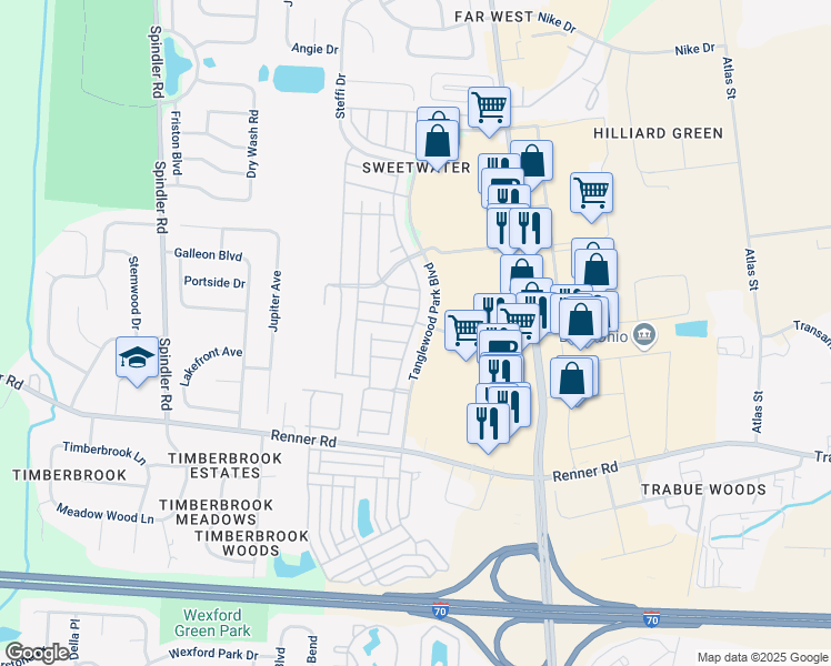 map of restaurants, bars, coffee shops, grocery stores, and more near 1718 Bennigan Drive in Columbus