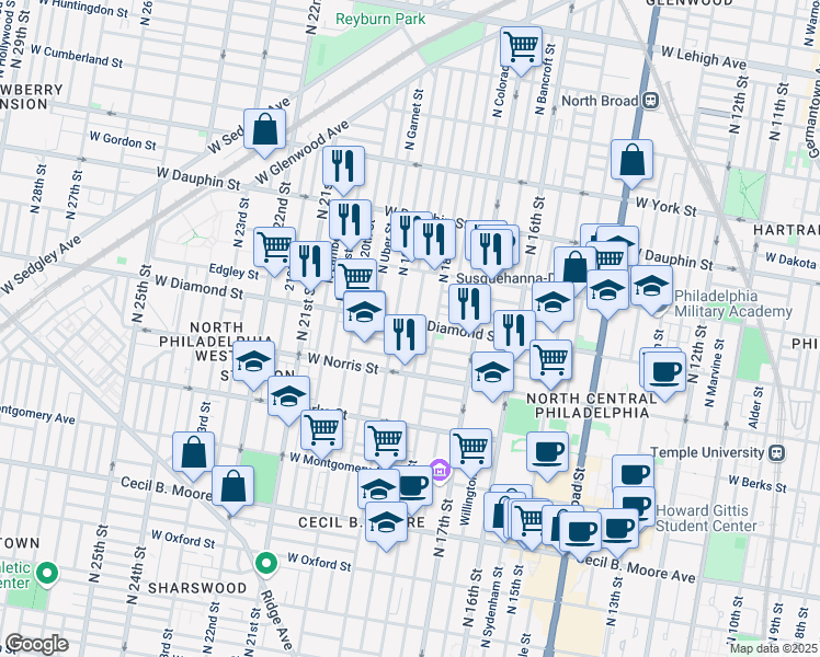 map of restaurants, bars, coffee shops, grocery stores, and more near 1822 West Diamond street in Philadelphia