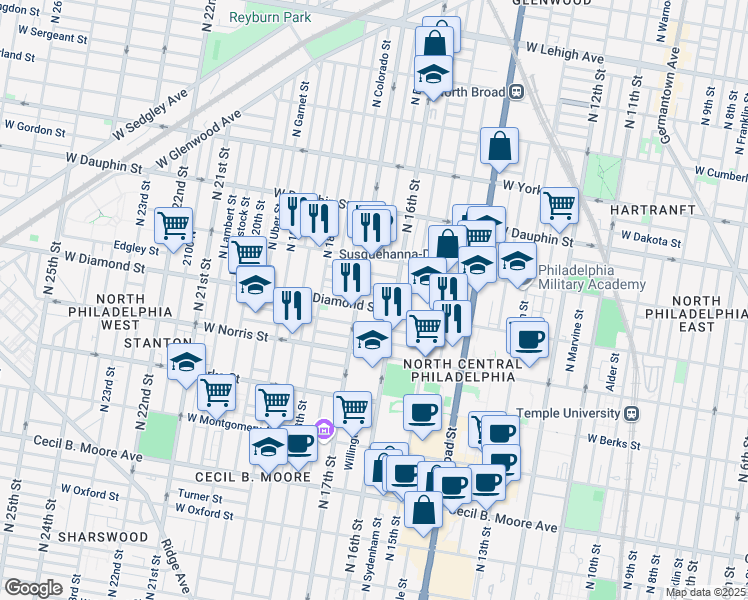 map of restaurants, bars, coffee shops, grocery stores, and more near 1625 West Diamond street in Philadelphia