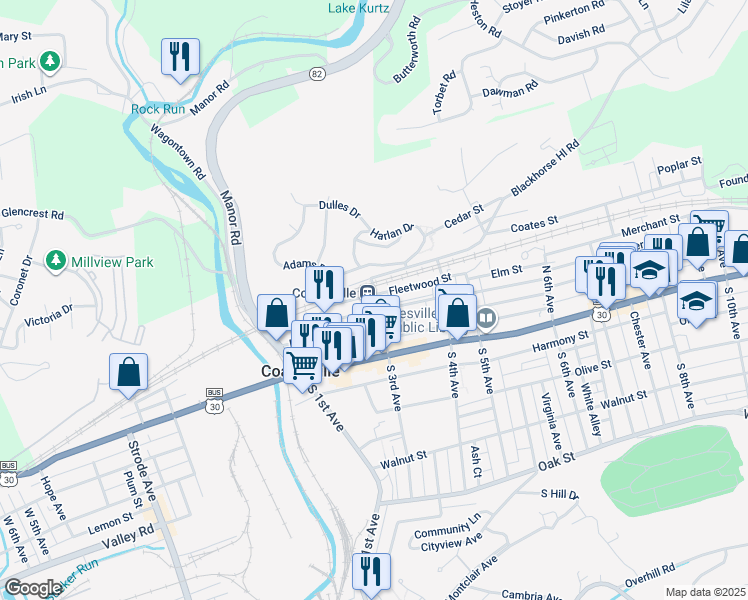 map of restaurants, bars, coffee shops, grocery stores, and more near 124A North 3rd Avenue in Coatesville