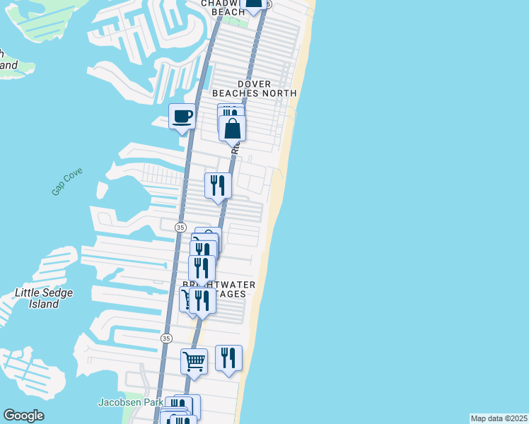 map of restaurants, bars, coffee shops, grocery stores, and more near 3174 Ocean Road in Lavallette