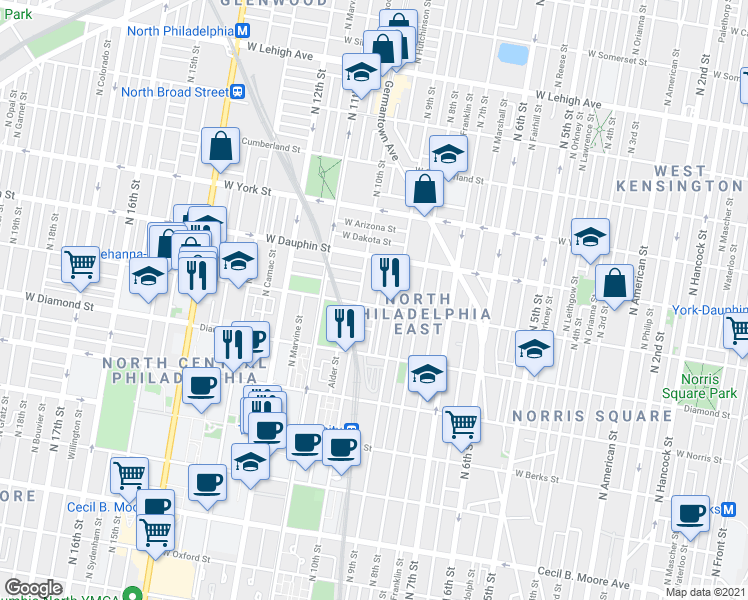 map of restaurants, bars, coffee shops, grocery stores, and more near 925 West Susquehanna Avenue in Philadelphia