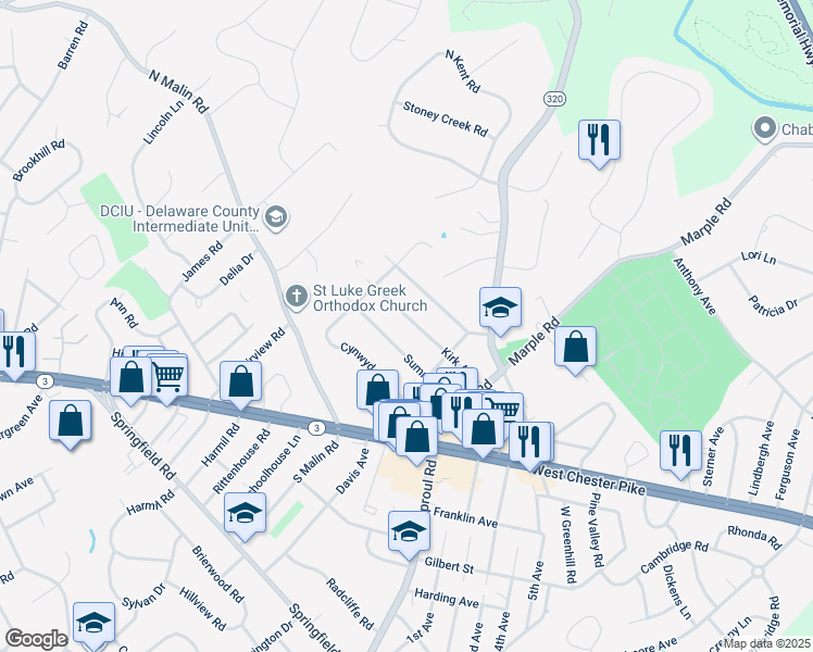 map of restaurants, bars, coffee shops, grocery stores, and more near 2638 Kirk Avenue in Broomall