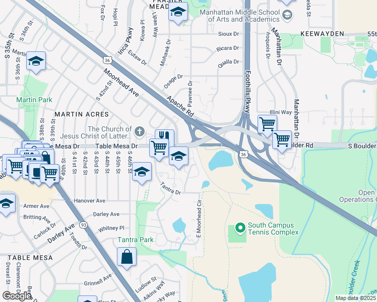 map of restaurants, bars, coffee shops, grocery stores, and more near 4790 Table Mesa Drive in Boulder