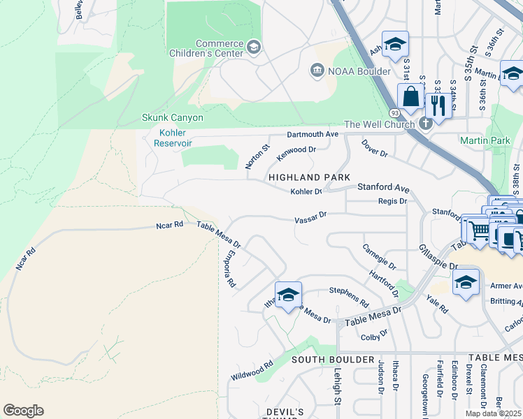 map of restaurants, bars, coffee shops, grocery stores, and more near 2065 Vassar Drive in Boulder