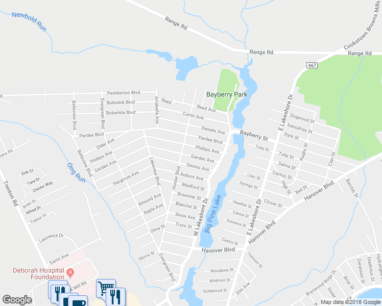 map of restaurants, bars, coffee shops, grocery stores, and more near 168 Garden Avenue in Pemberton Township