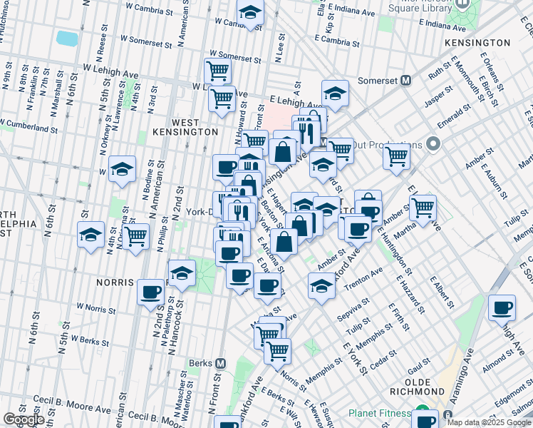 map of restaurants, bars, coffee shops, grocery stores, and more near 2421 Jasper Street in Philadelphia