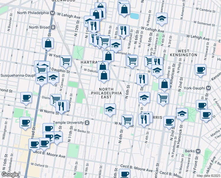 map of restaurants, bars, coffee shops, grocery stores, and more near 2224 North 7th Street in Philadelphia