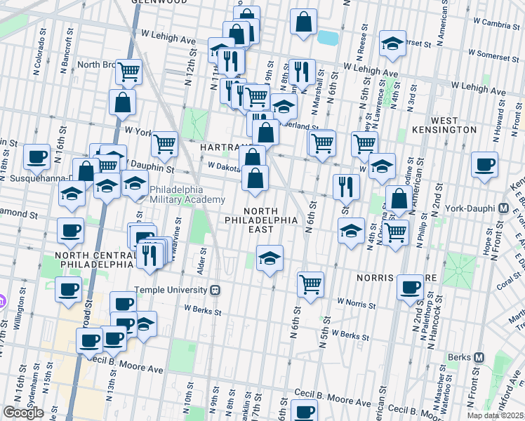 map of restaurants, bars, coffee shops, grocery stores, and more near 2230 North 8th Street in Philadelphia