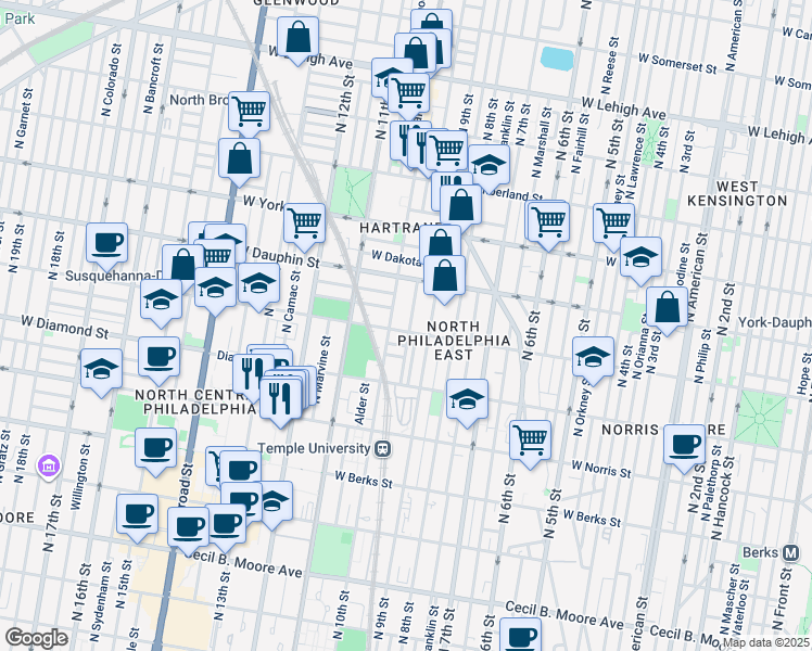 map of restaurants, bars, coffee shops, grocery stores, and more near 925 West Susquehanna Avenue in Philadelphia