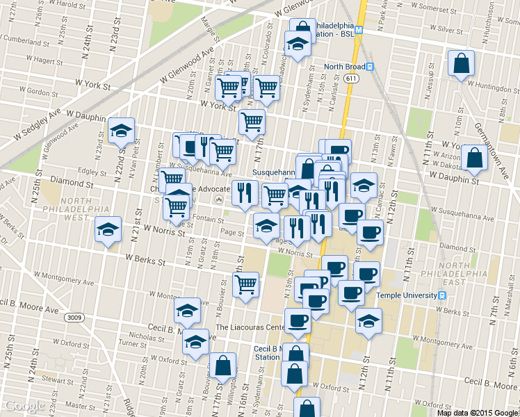 map of restaurants, bars, coffee shops, grocery stores, and more near in Philadelphia