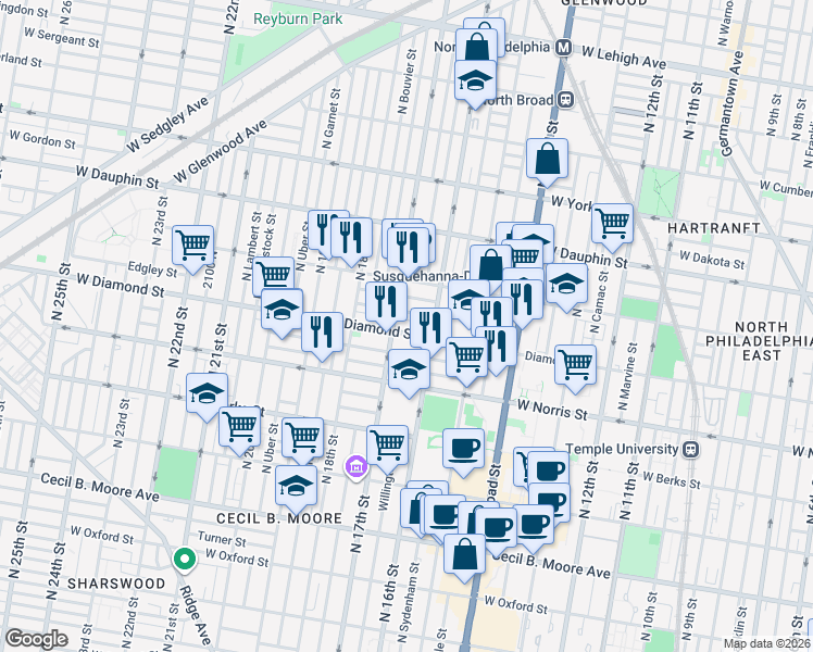 map of restaurants, bars, coffee shops, grocery stores, and more near in Philadelphia