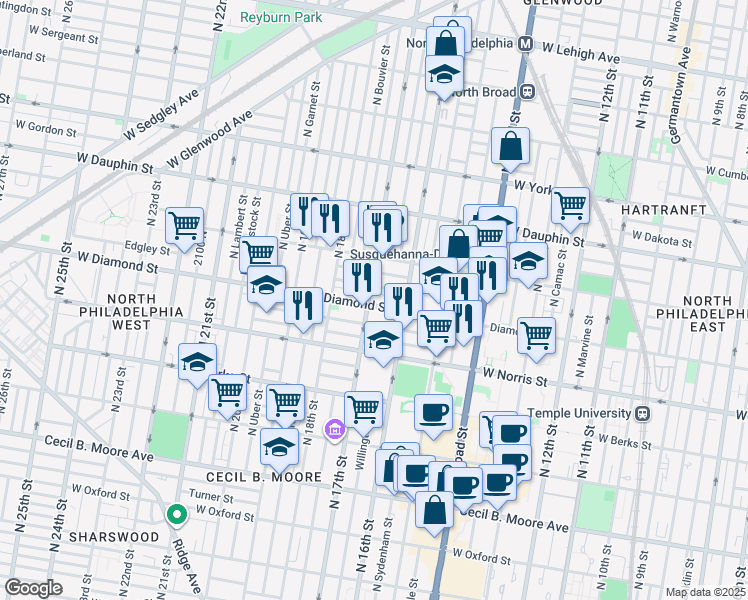 map of restaurants, bars, coffee shops, grocery stores, and more near in Philadelphia
