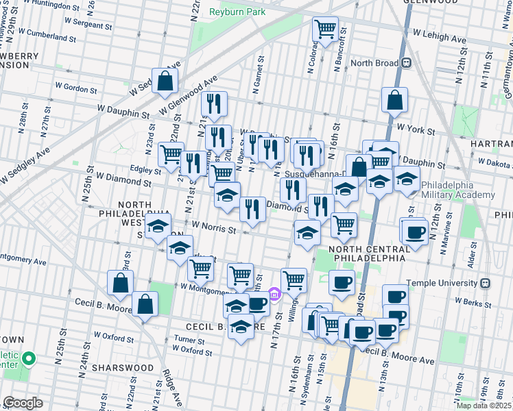 map of restaurants, bars, coffee shops, grocery stores, and more near in Philadelphia
