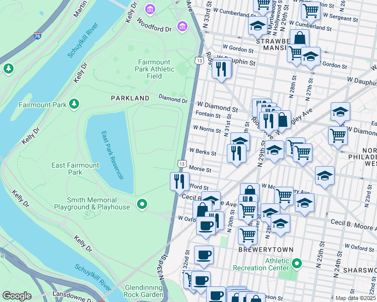 map of restaurants, bars, coffee shops, grocery stores, and more near 1847 North 33rd Street in Philadelphia