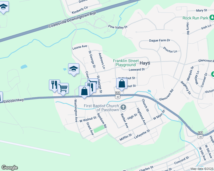 map of restaurants, bars, coffee shops, grocery stores, and more near 57 Saint George Street in Coatesville