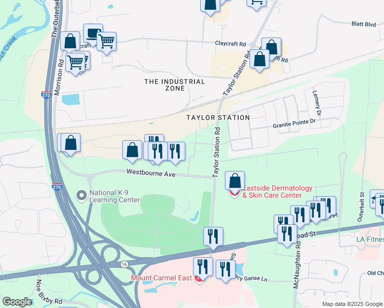map of restaurants, bars, coffee shops, grocery stores, and more near 284 Directory Drive in Columbus